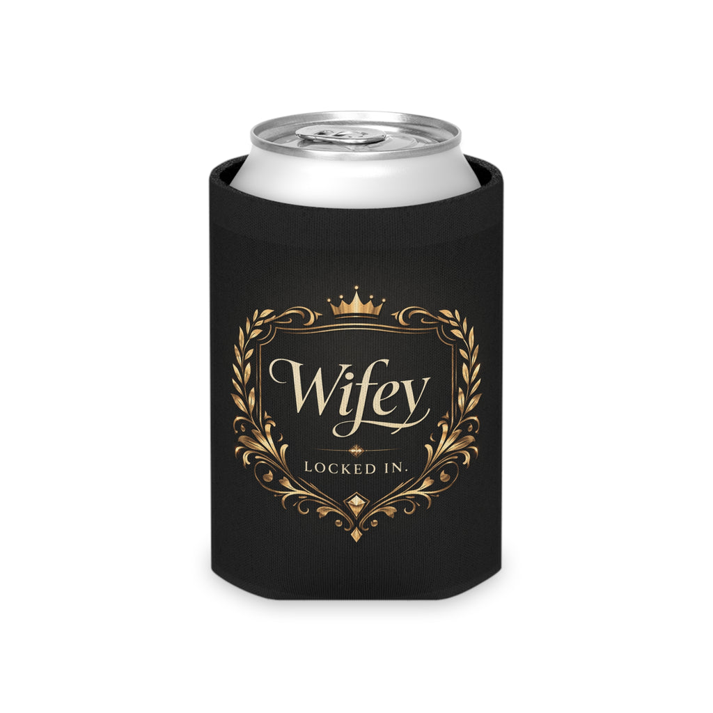 Black and gold "Wifey Locked In" wedding koozie by Printify, luxury bridal favor for engagement parties and modern bride gifts.