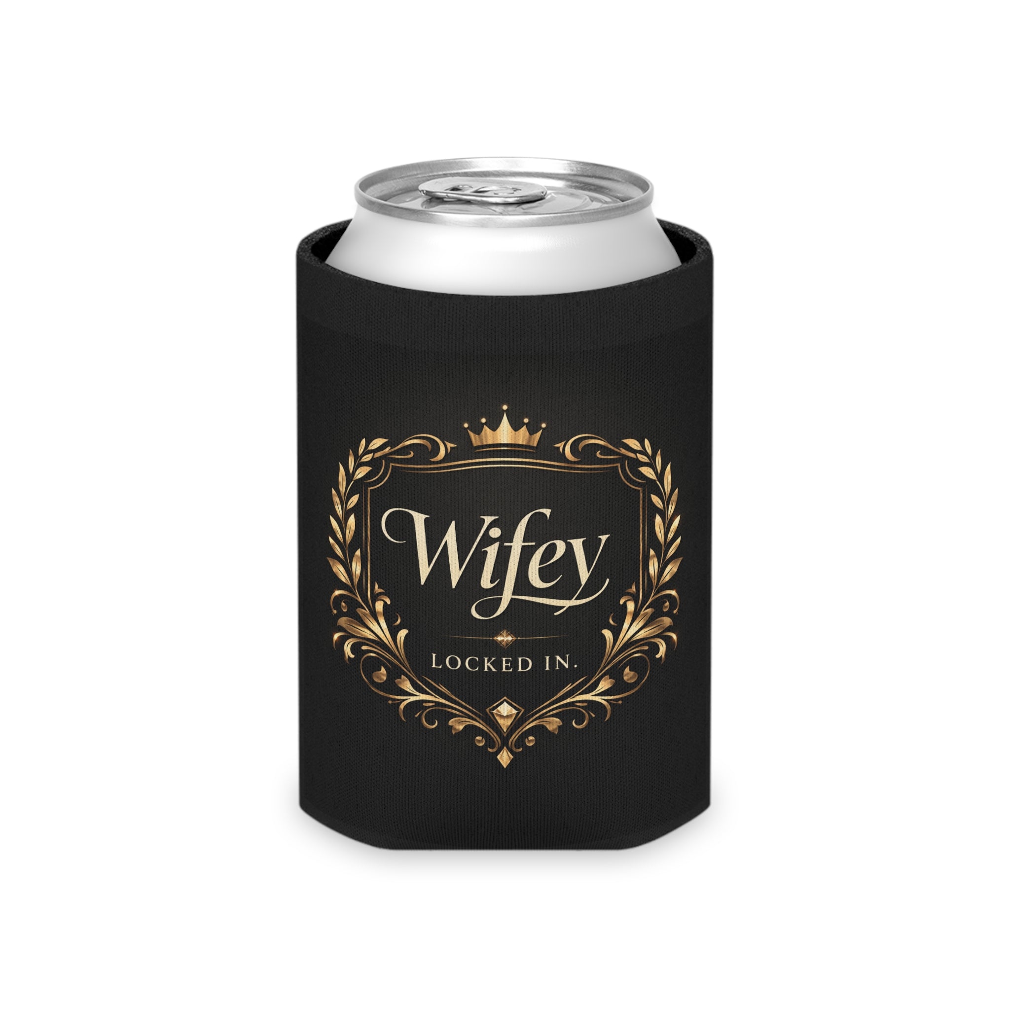 Black and gold "Wifey Locked In" wedding koozie by Printify, luxury bridal favor for engagement parties and modern bride gifts.
