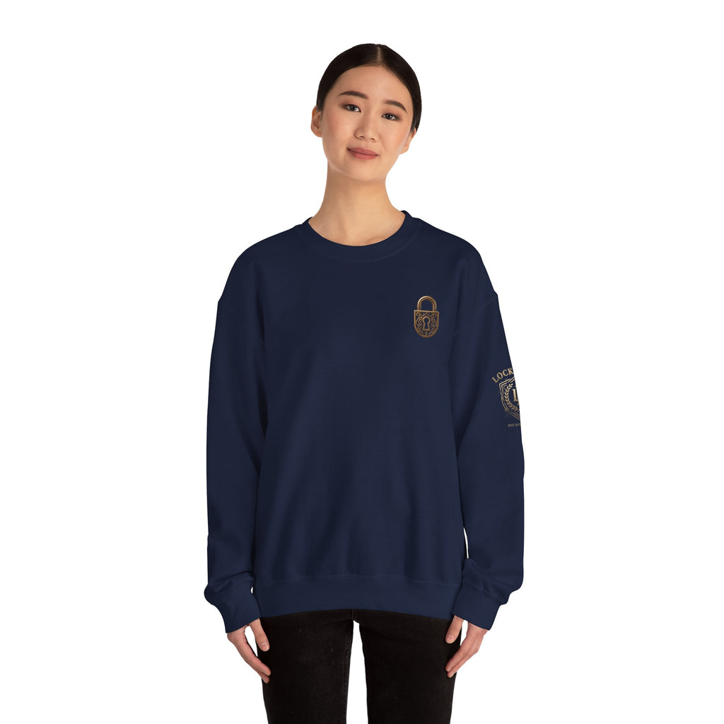 Locked In Crest crewneck sweatshirt featuring retro soccer design and country pride, made by Printify.