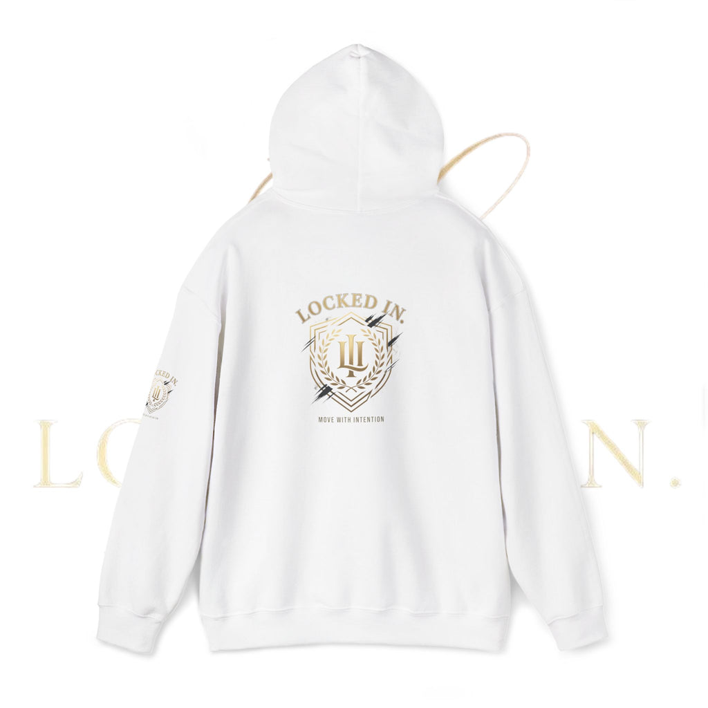 Locked In Crest hoodie featuring retro soccer design and country pride, made by Printify, shown in a front view.