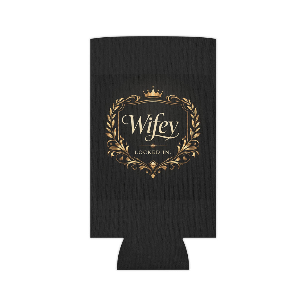 Black and gold Wifey Locked In wedding koozie featuring luxury design, perfect as a modern bride gift or engagement party drink sleeve.
