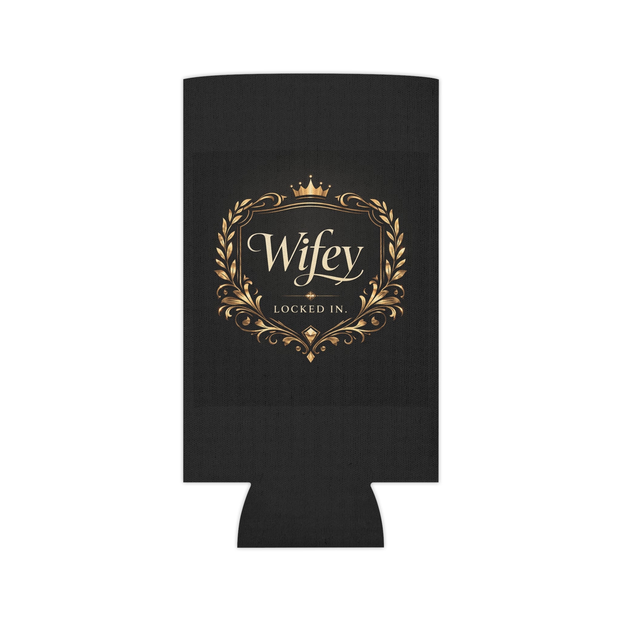 Black and gold Wifey Locked In wedding koozie featuring luxury design, perfect as a modern bride gift or engagement party drink sleeve.