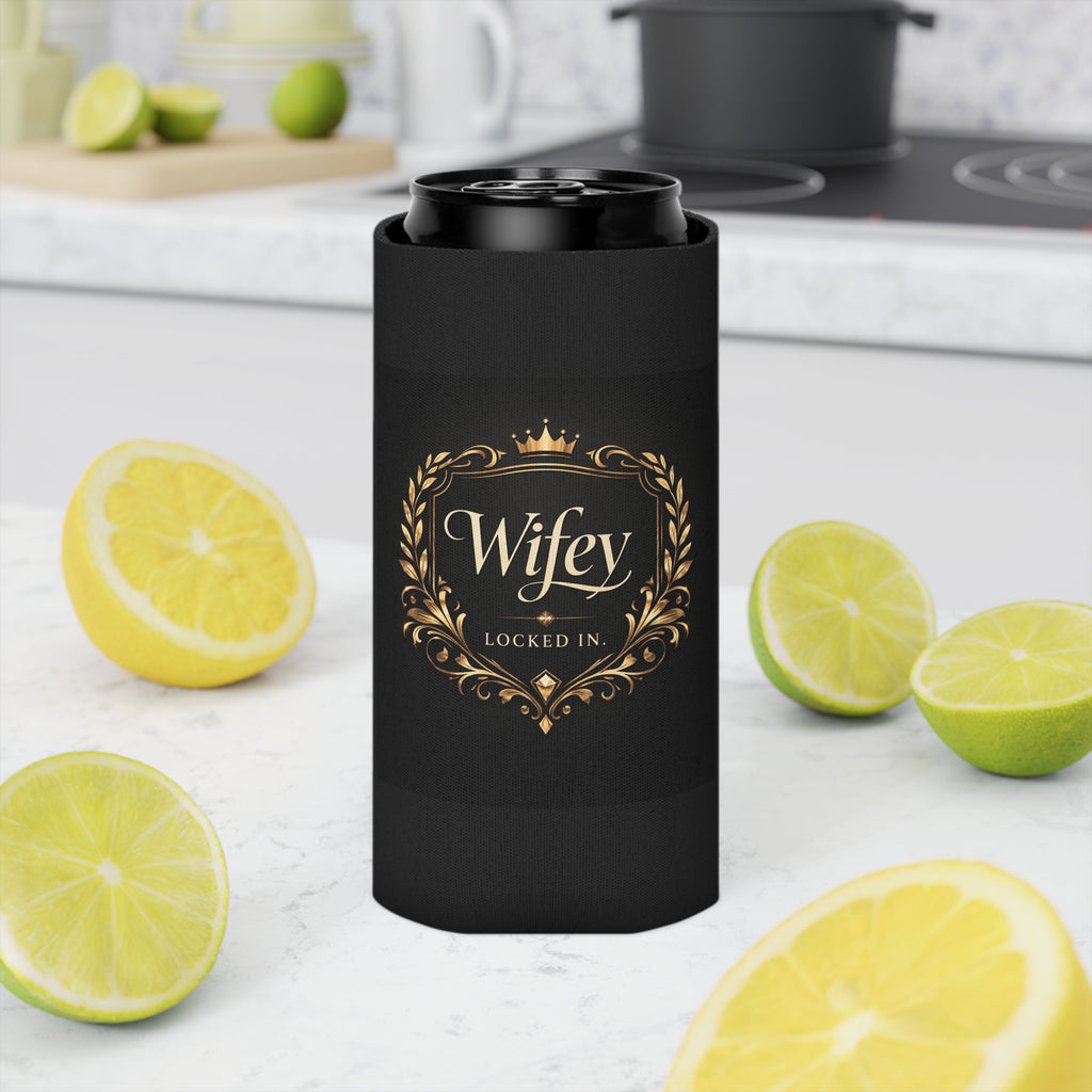Black and gold "Wifey Locked In" wedding koozie showing elegant design, ideal for bridal favors and engagement party accessories.
