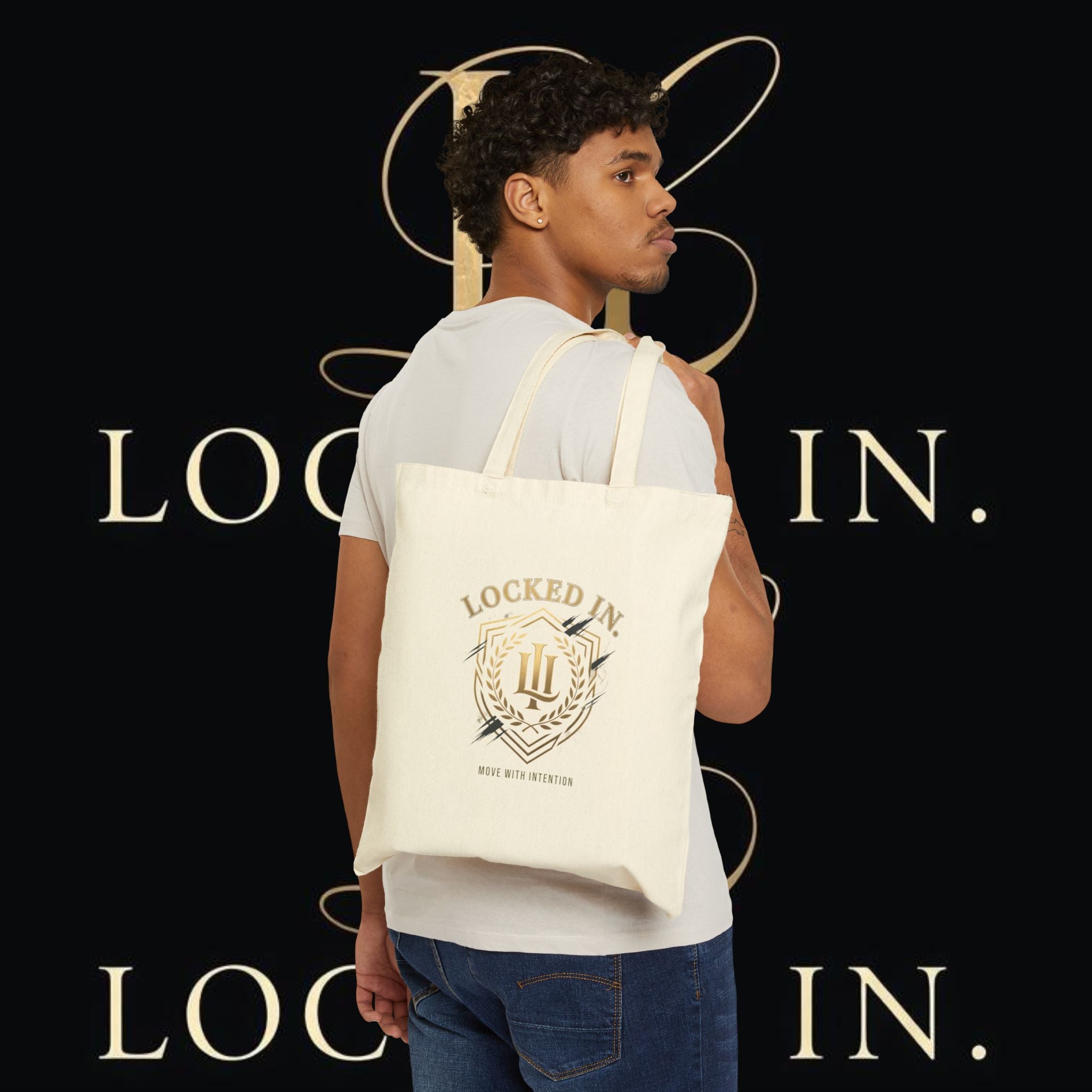 Locked In Crest tote bag featuring a soccer championship and country pride design, with retro supporter graphics on durable fabric.