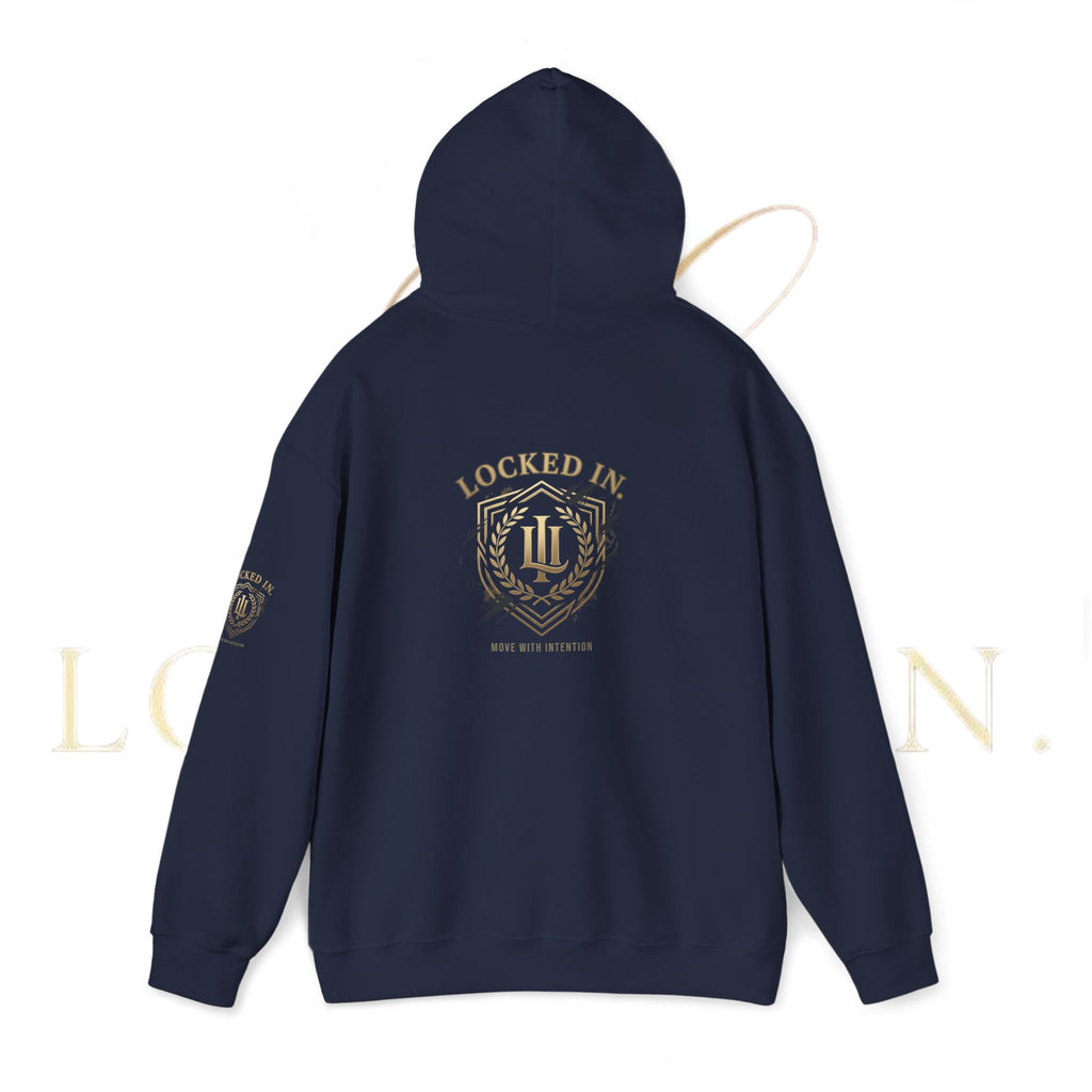Locked In Crest hoodie featuring retro soccer design and country pride, made by Printify, with a front crest and bold graphics.