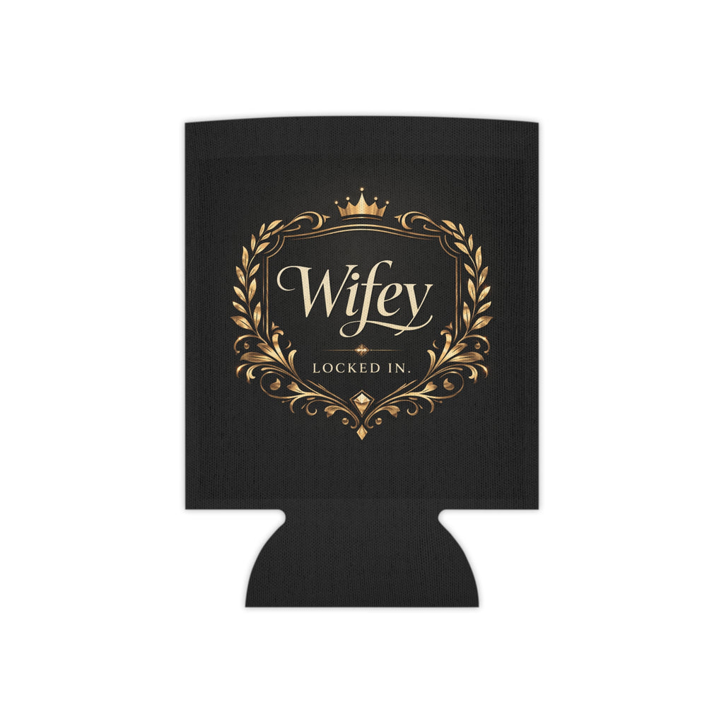 Black and gold "Wifey Locked In" wedding koozie by Printify, modern bridal can cooler for engagement and wedding celebrations.