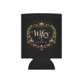Black and gold "Wifey Locked In" wedding koozie by Printify, modern bridal can cooler for engagement and wedding celebrations.