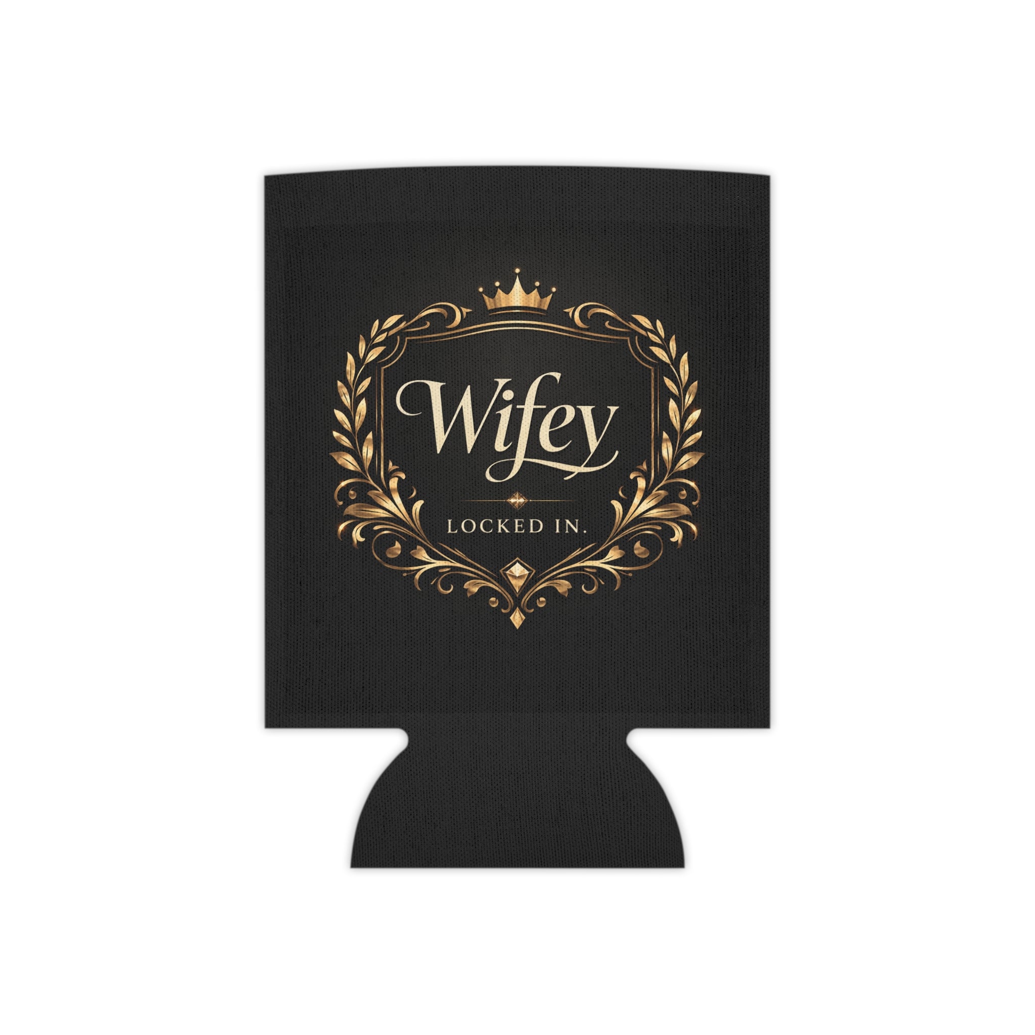 Black and gold "Wifey Locked In" wedding koozie by Printify, modern bridal can cooler for engagement and wedding celebrations.