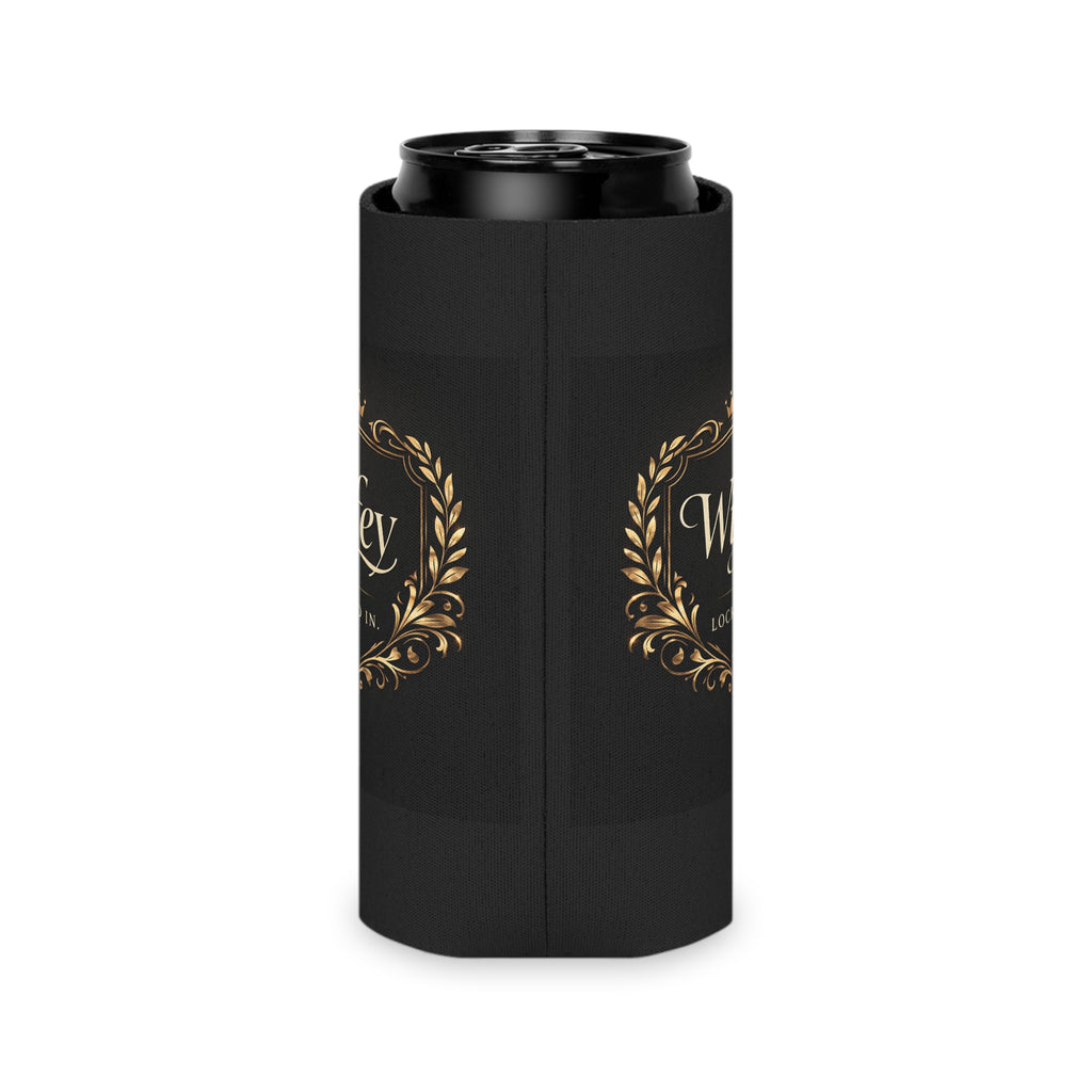 Black and gold "Wifey Locked In" wedding koozie with modern design, perfect for bridal favors or engagement party drinks.