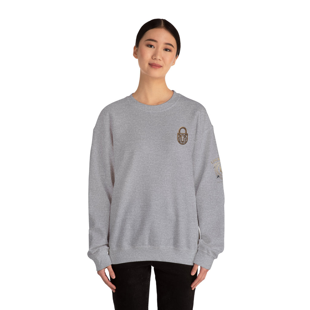 Locked In Crest crewneck sweatshirt featuring retro soccer design and country pride, made by Printify.