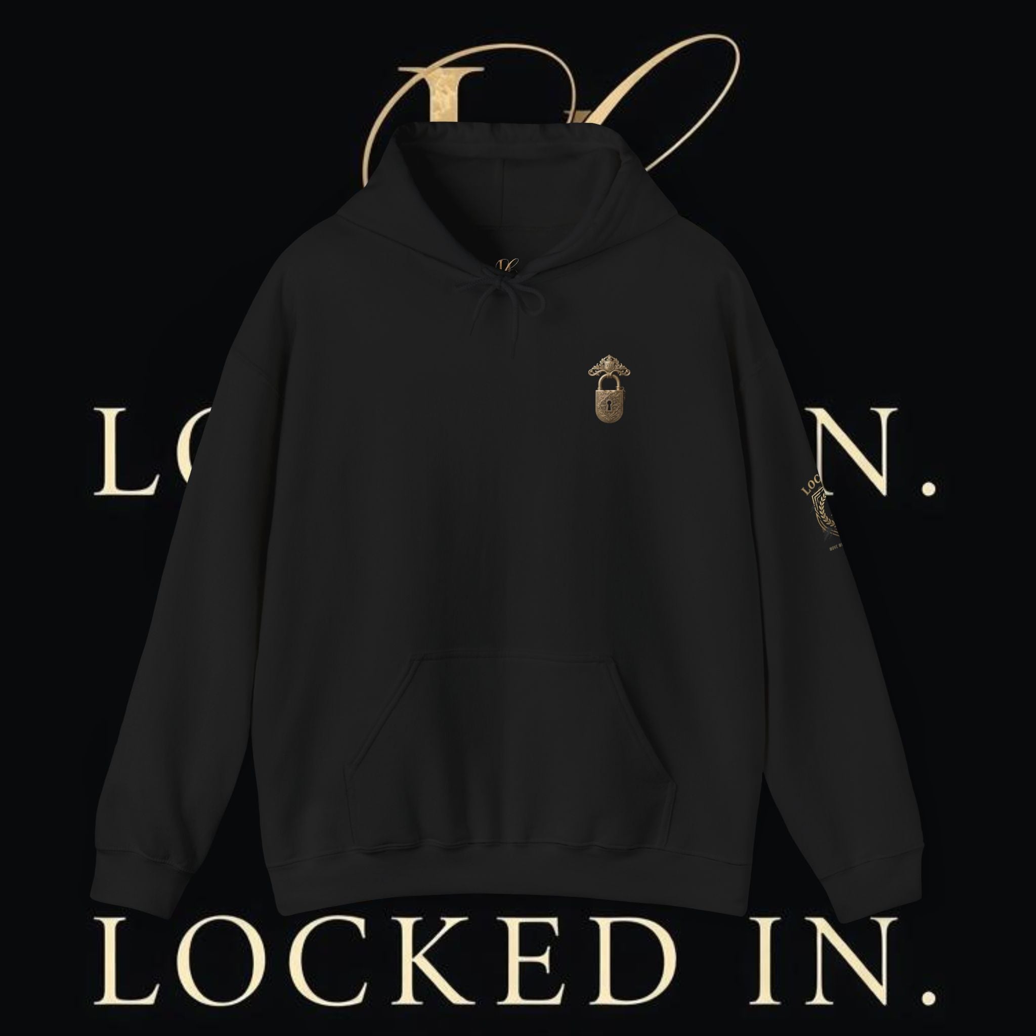 Locked In Crest Hoodie featuring retro soccer design and country pride, made by Printify, shown on a person wearing the hoodie.