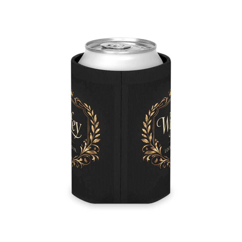 Black and gold "Wifey Locked In" wedding koozie with modern design, ideal for bridal favors and engagement party drinks.