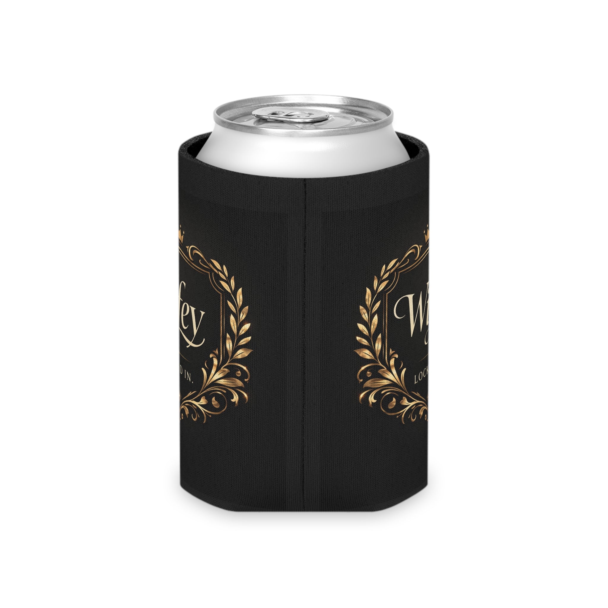 Black and gold "Wifey Locked In" wedding koozie with modern design, ideal for bridal favors and engagement party drinks.