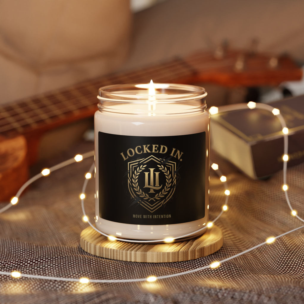 Locked In Crest Candle featuring country pride and retro soccer design, ideal for home decor during championship season.