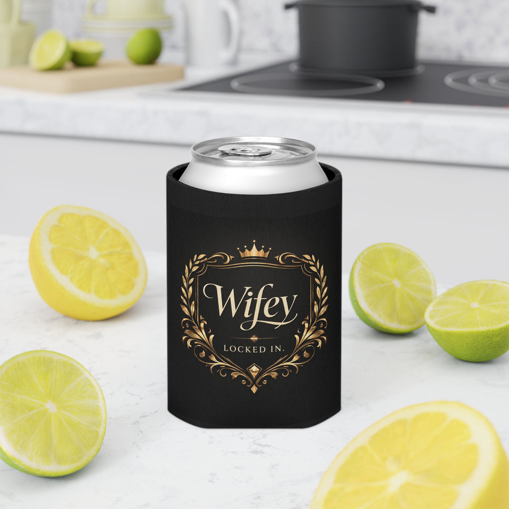 Black and gold "Wifey Locked In" wedding koozie by Printify, modern bridal can cooler for engagement and wedding celebrations.