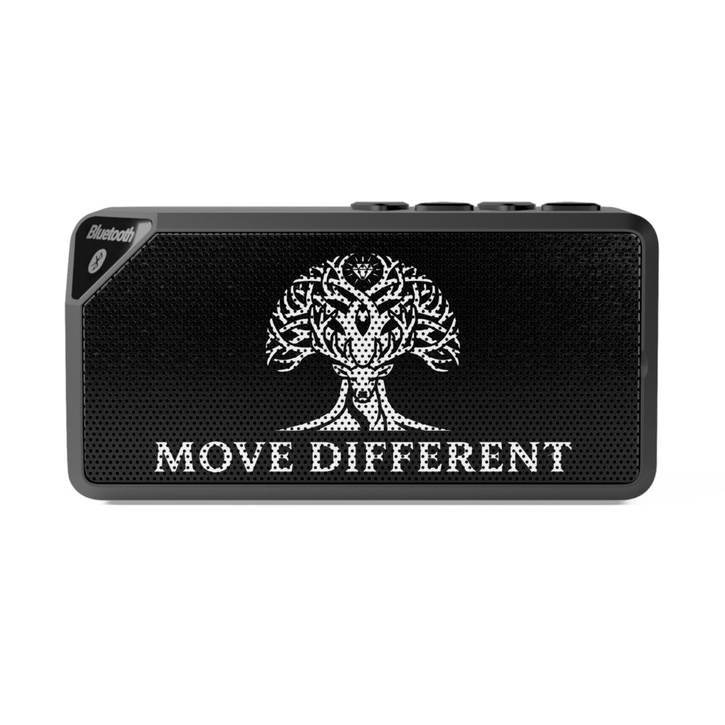 Printify Bluetooth speaker with "Move Different" tree graphic, portable accessories device for music on the go.