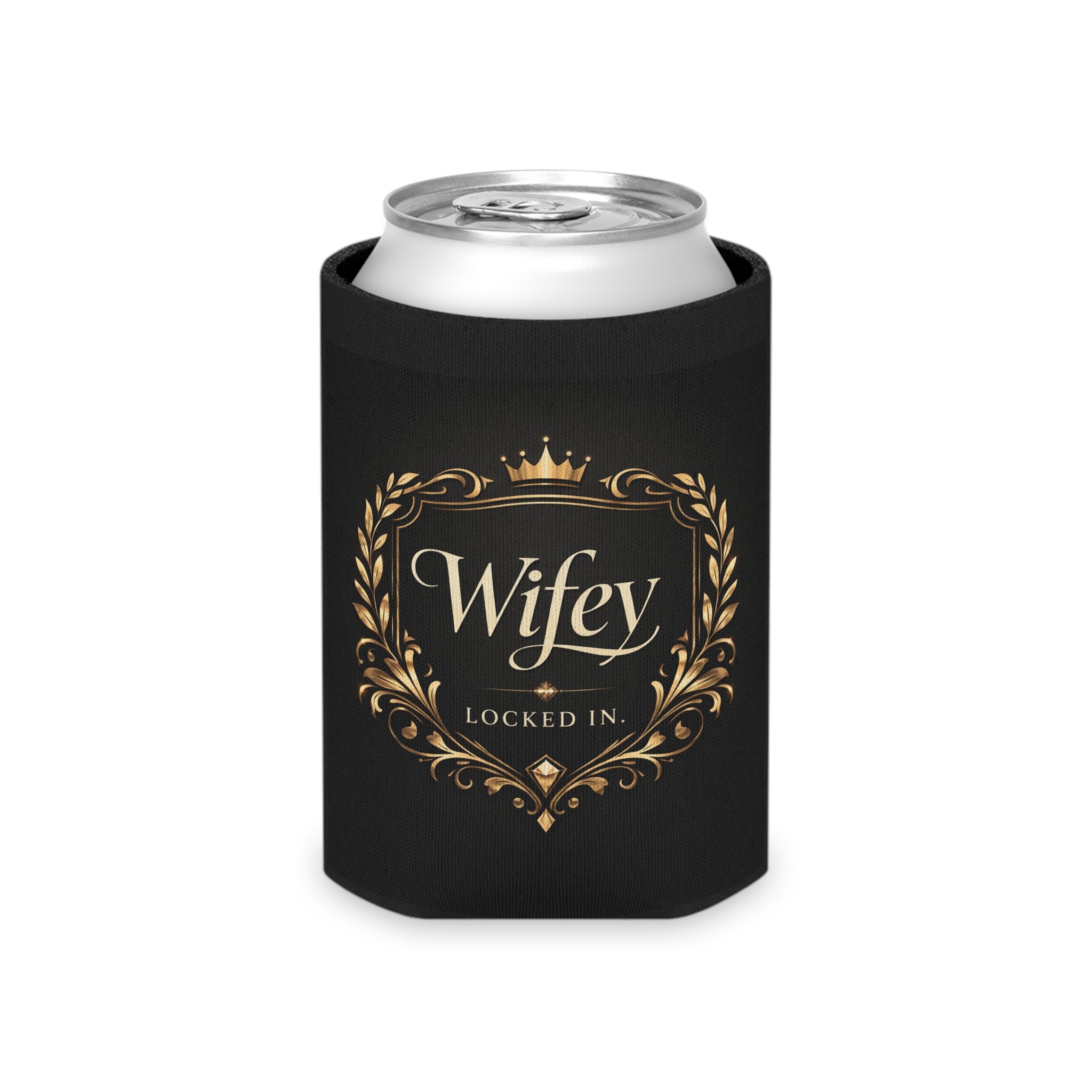 Black and gold "Wifey Locked In" wedding koozie featuring modern bridal design, perfect for engagement parties and wedding favors.