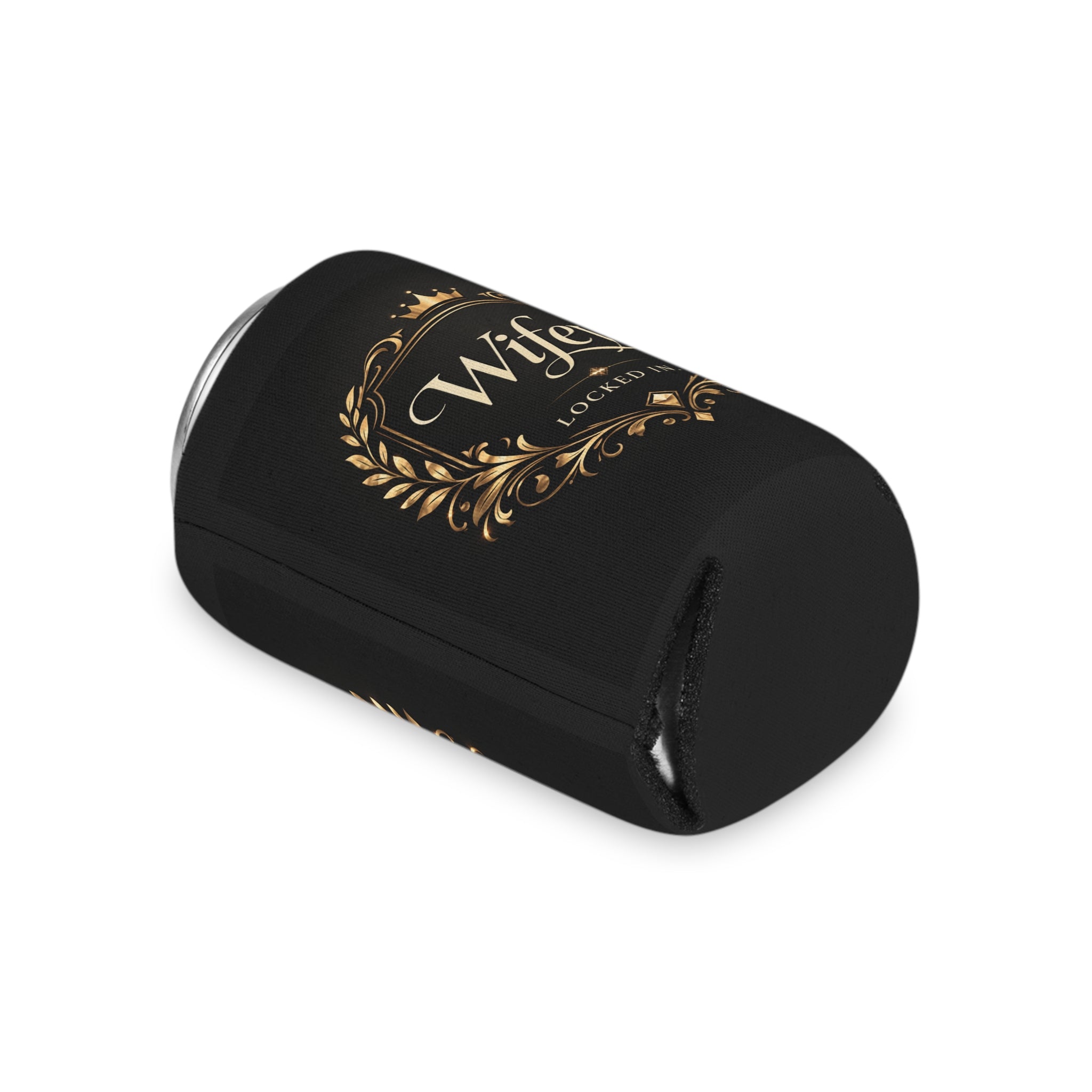 Black and gold "Wifey Locked In" wedding koozie by Printify, stylish drink sleeve for bridal favors and engagement parties.