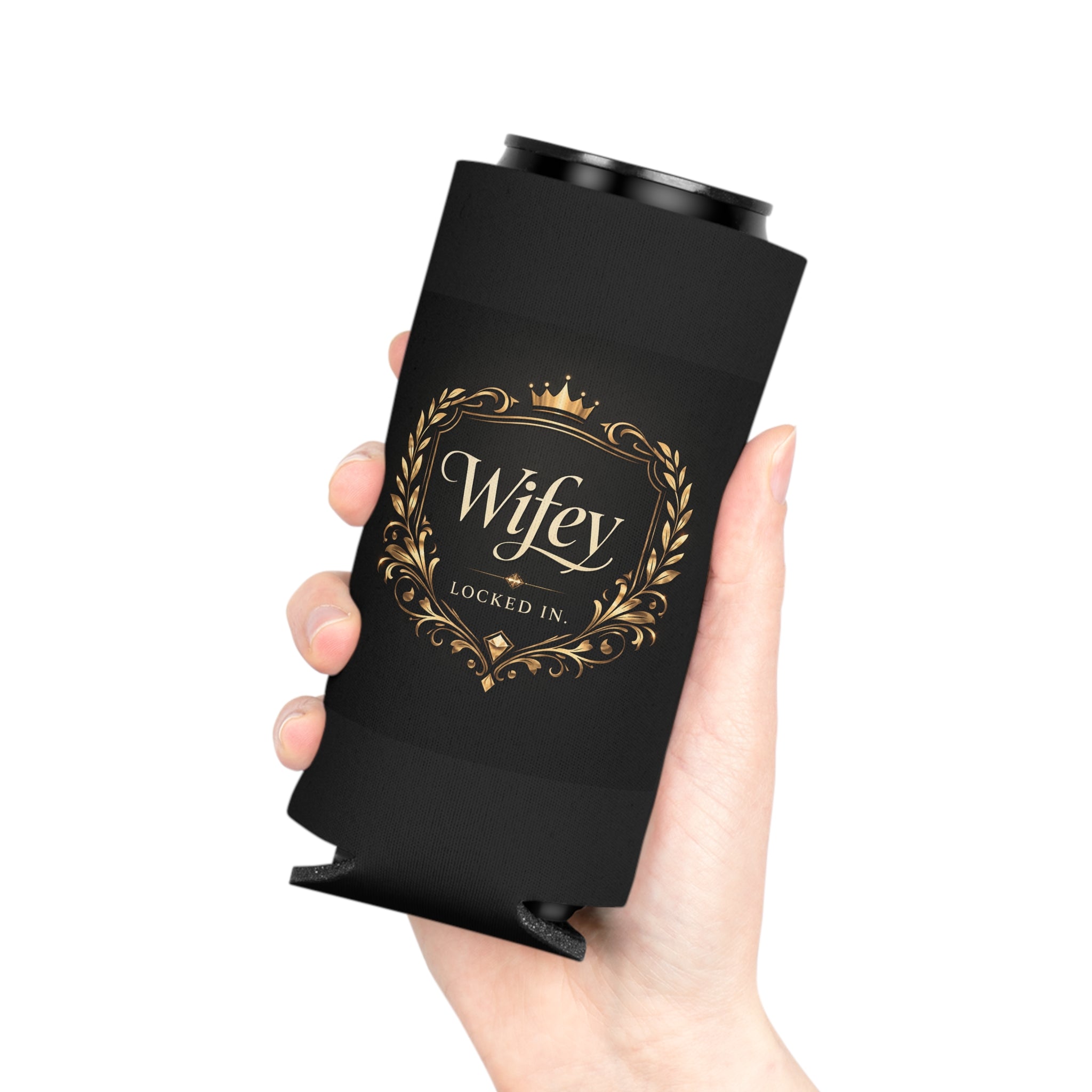 Black and gold "Wifey Locked In" wedding koozie by Printify, luxury drink sleeve for bride, engagement or wedding celebration.