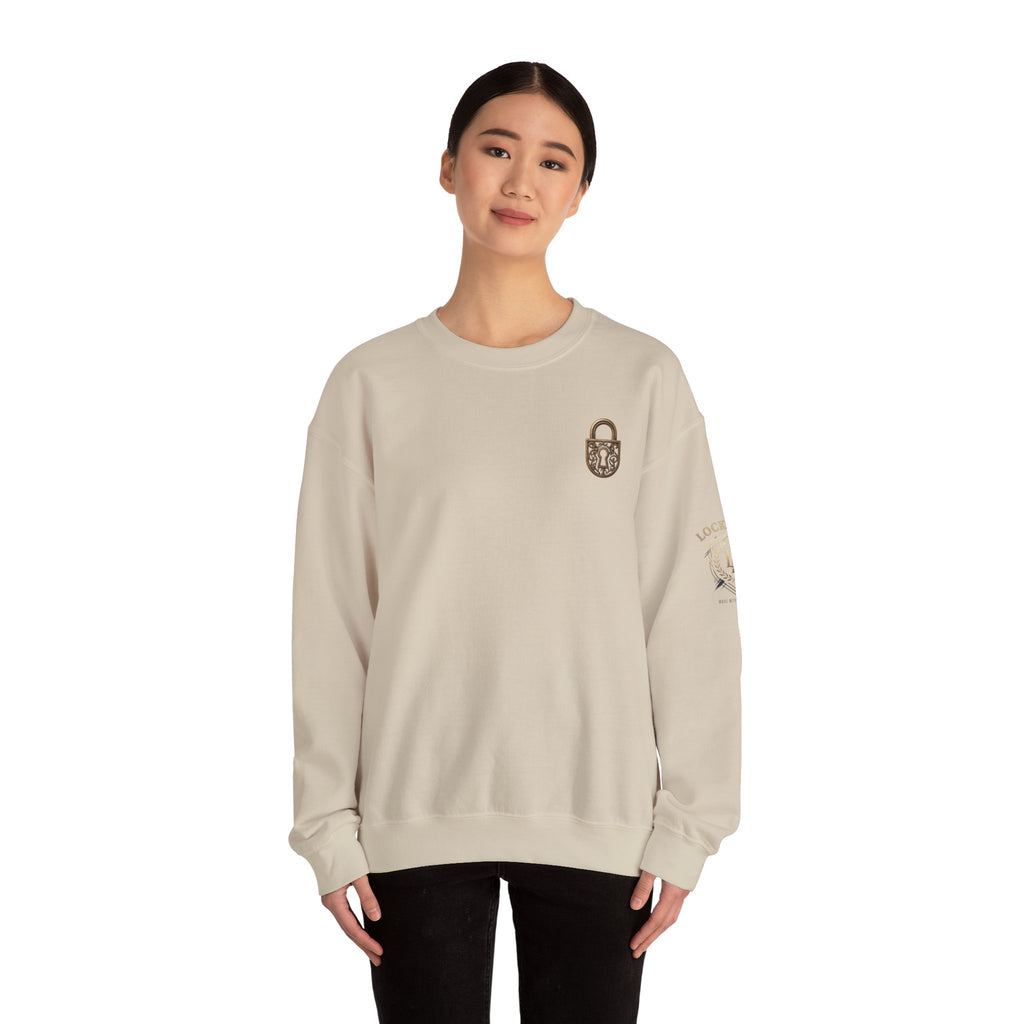 Locked In Crest Crewneck Sweatshirt featuring retro soccer design and country pride branding, in a cozy, casual style.