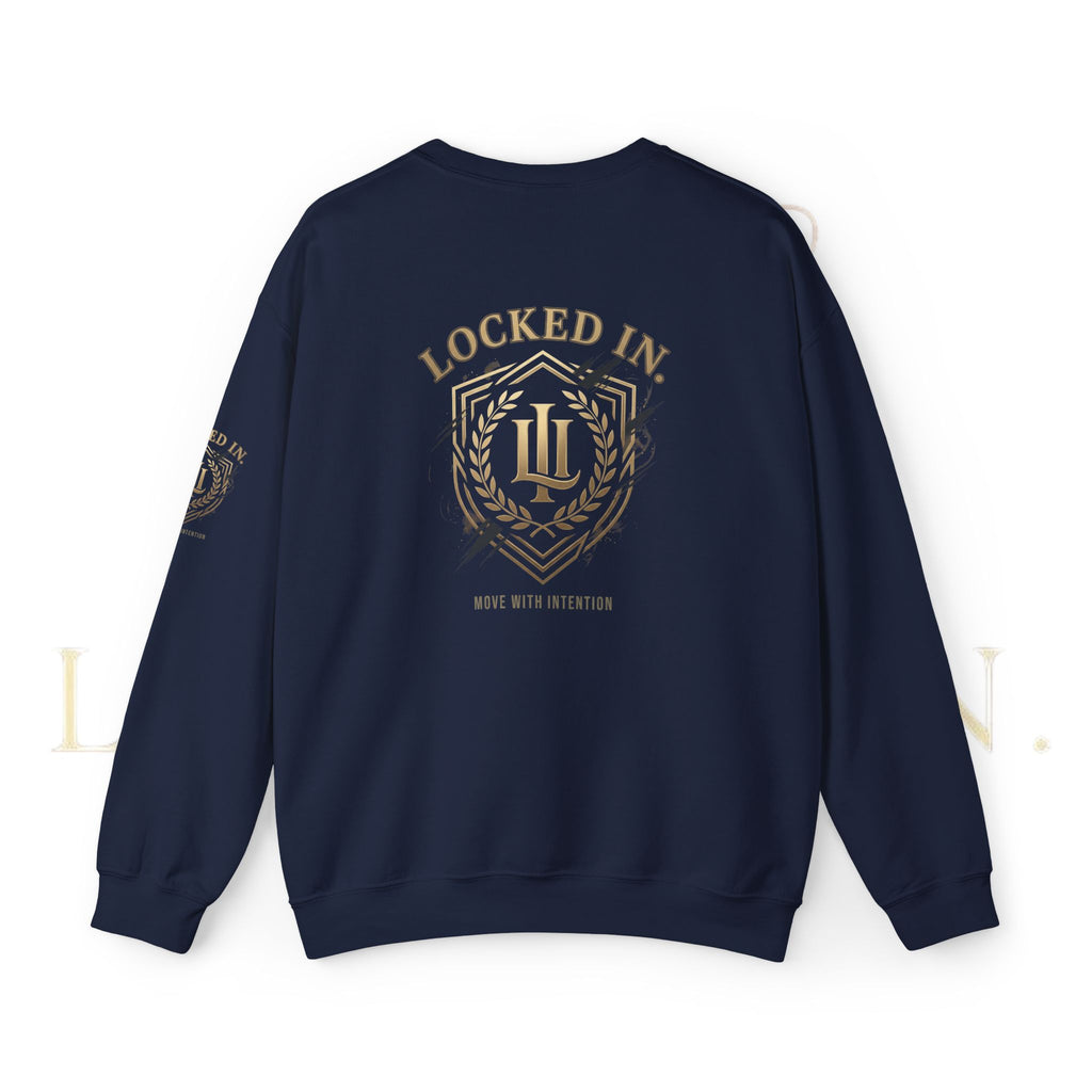 Locked In Crest Crewneck Sweatshirt featuring retro soccer logo and country pride, made by Printify.