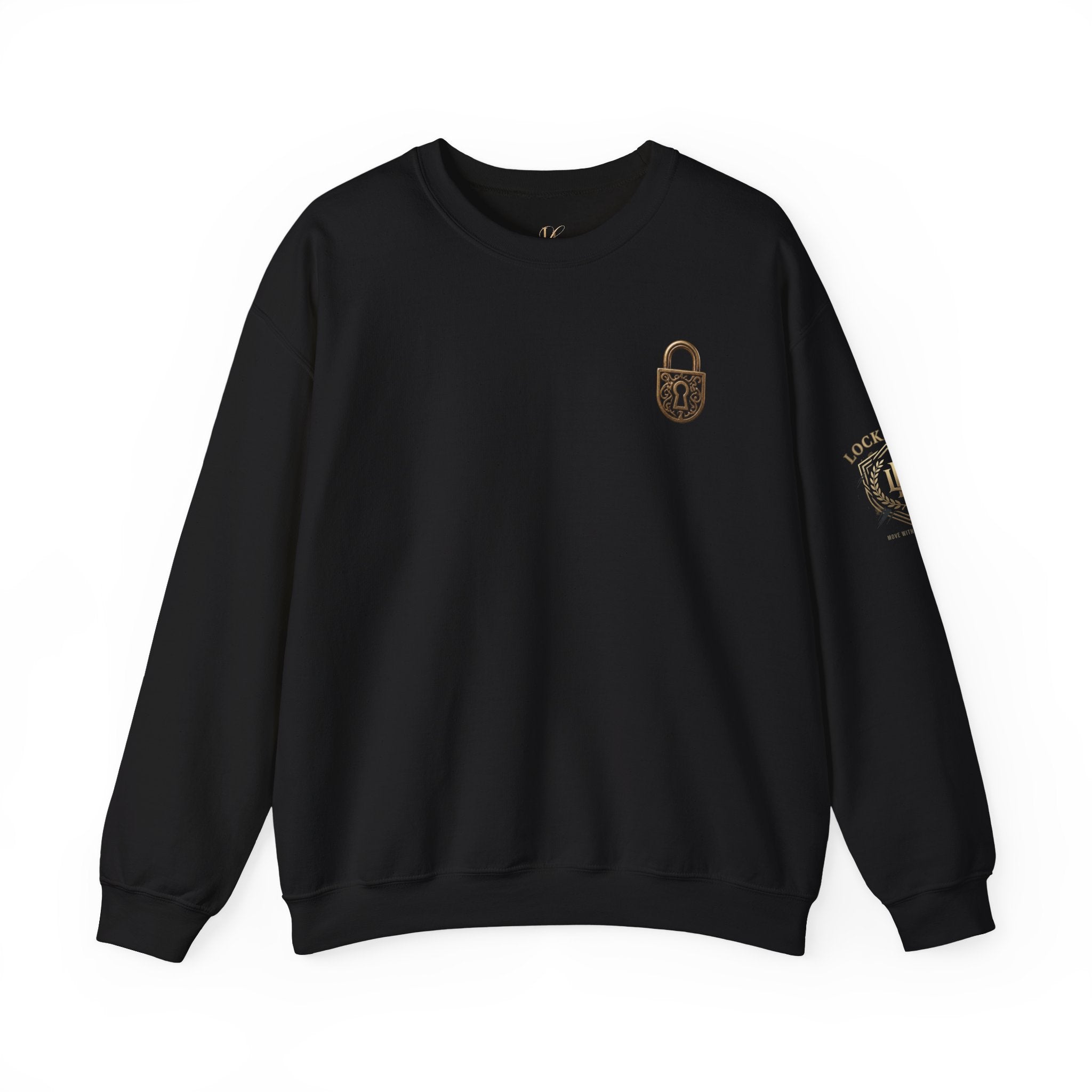 Black Locked In Crest Crewneck Sweatshirt with retro soccer design and country pride graphics on front, casual fit, Printify brand.