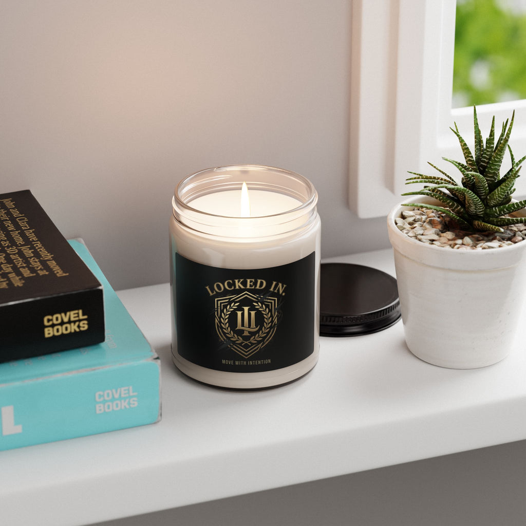 Locked In Crest Candle featuring retro soccer design, ideal home decor piece celebrating country pride and championship season.