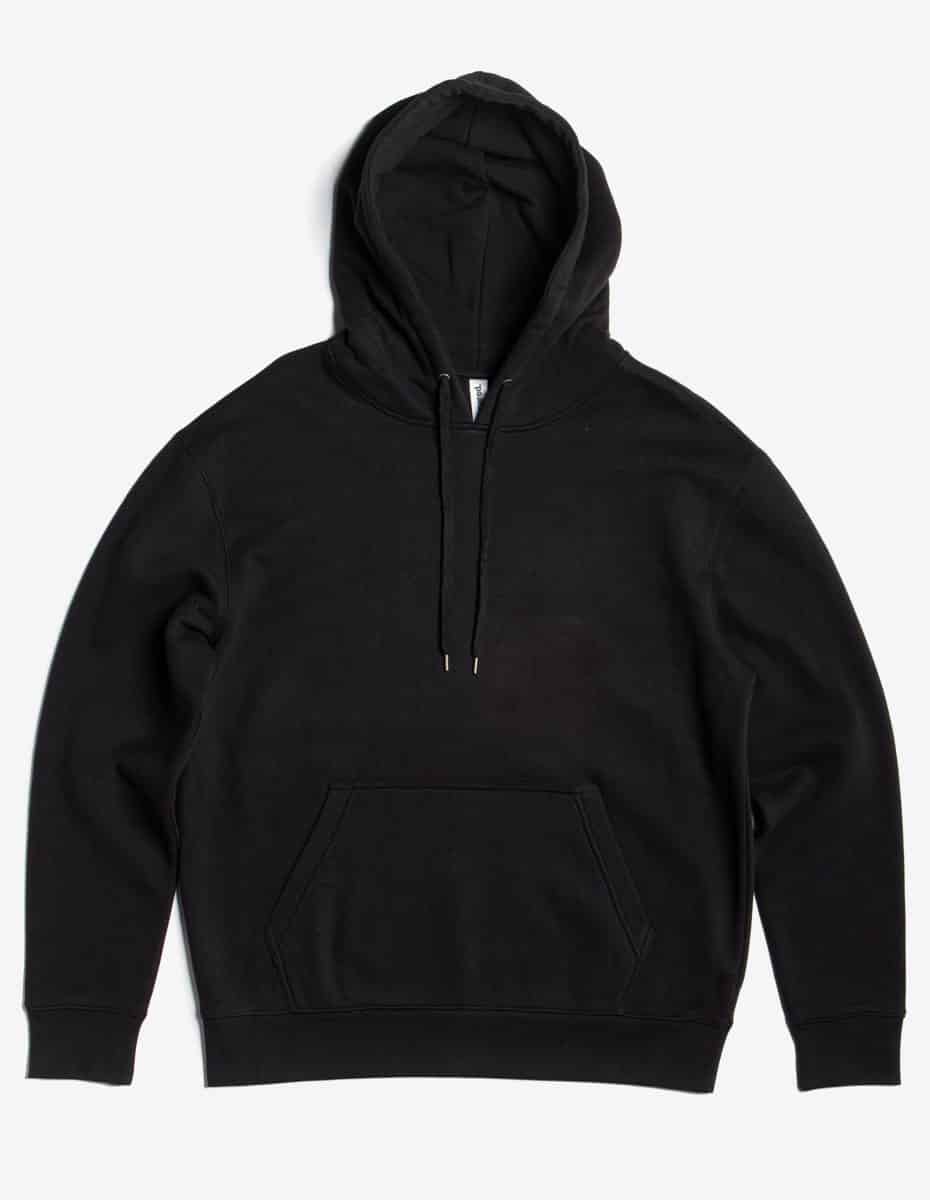 Black heavyweight fleece hoodie by SpectraUSA, showing a cozy, thick fabric with a hood and front pocket.