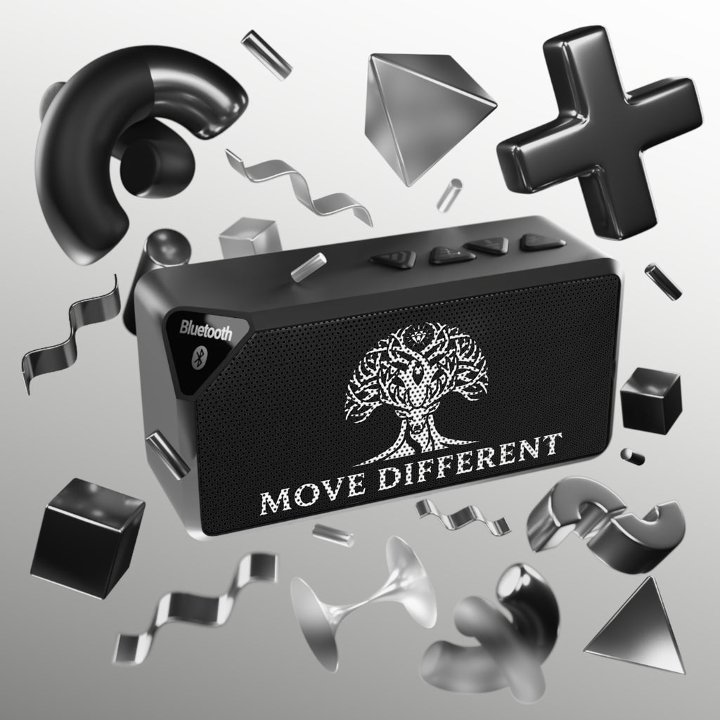 Portable Bluetooth speaker with a tree graphic design, featuring the "Move Different" message, from Printify accessories collection.