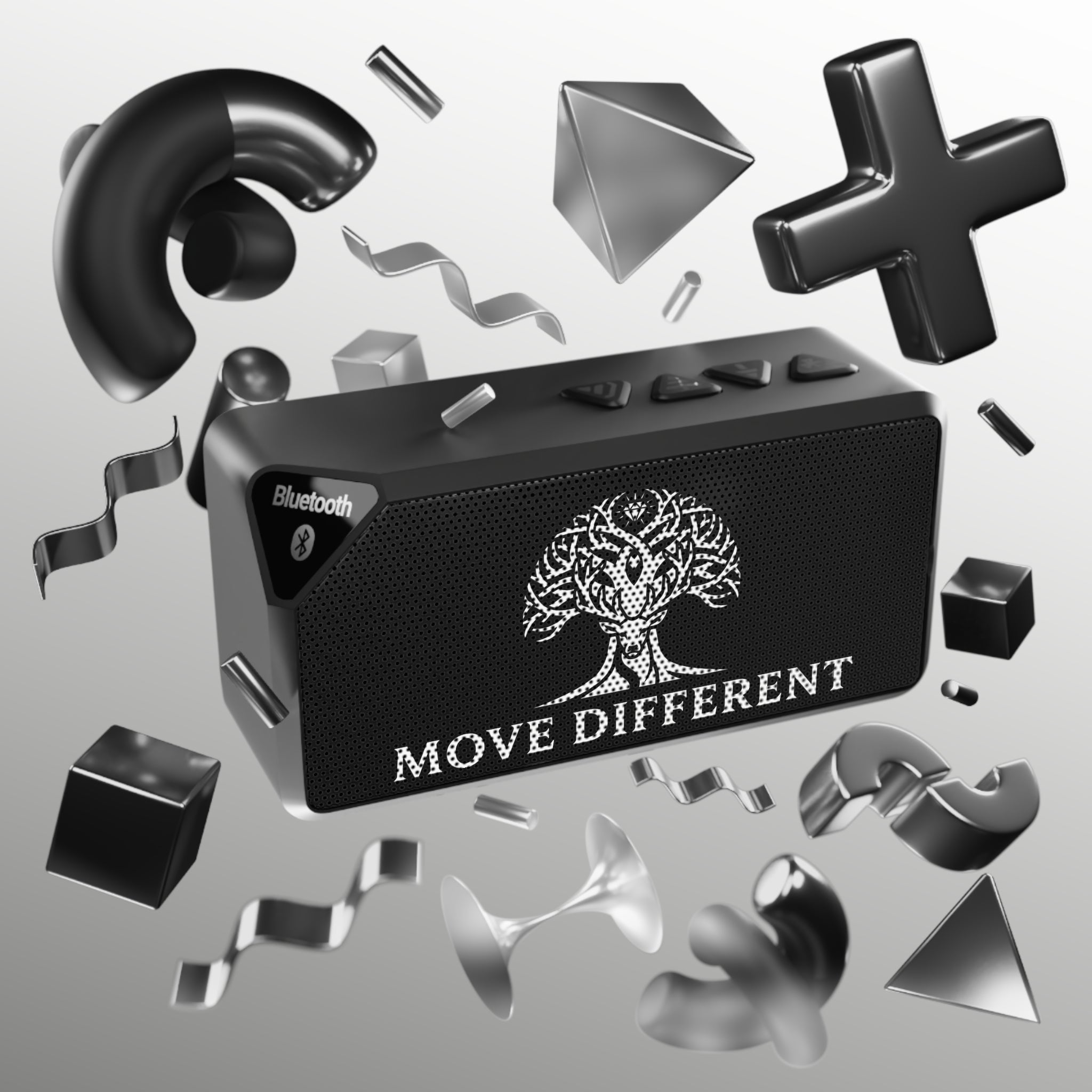 Portable Bluetooth speaker with a tree graphic design, featuring the "Move Different" message, from Printify accessories collection.
