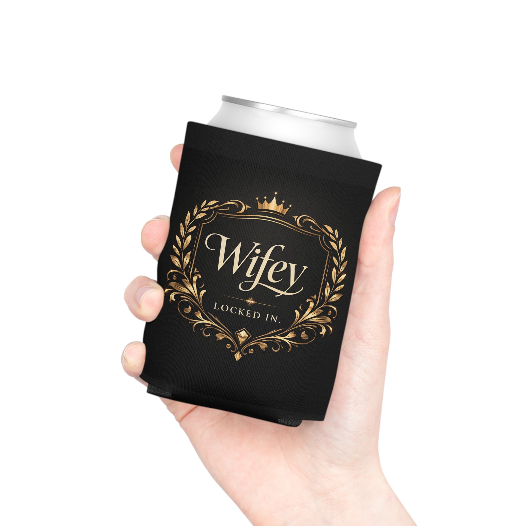 Black and gold Wifey Locked In wedding koozie by Printify, modern bride gift, bridal favor for engagement or wedding drinks.