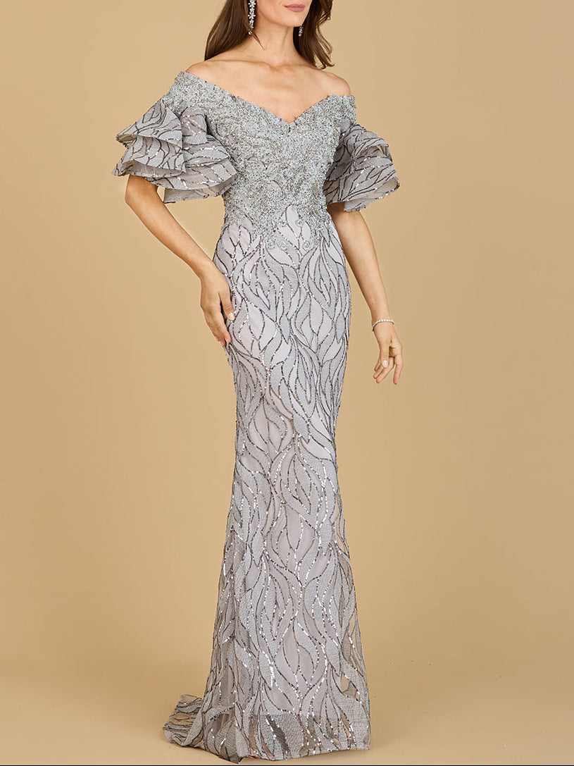 Grey off-shoulder mermaid beaded gown with tiered sleeves by Lara New York, featuring intricate embellishments and elegant fit.