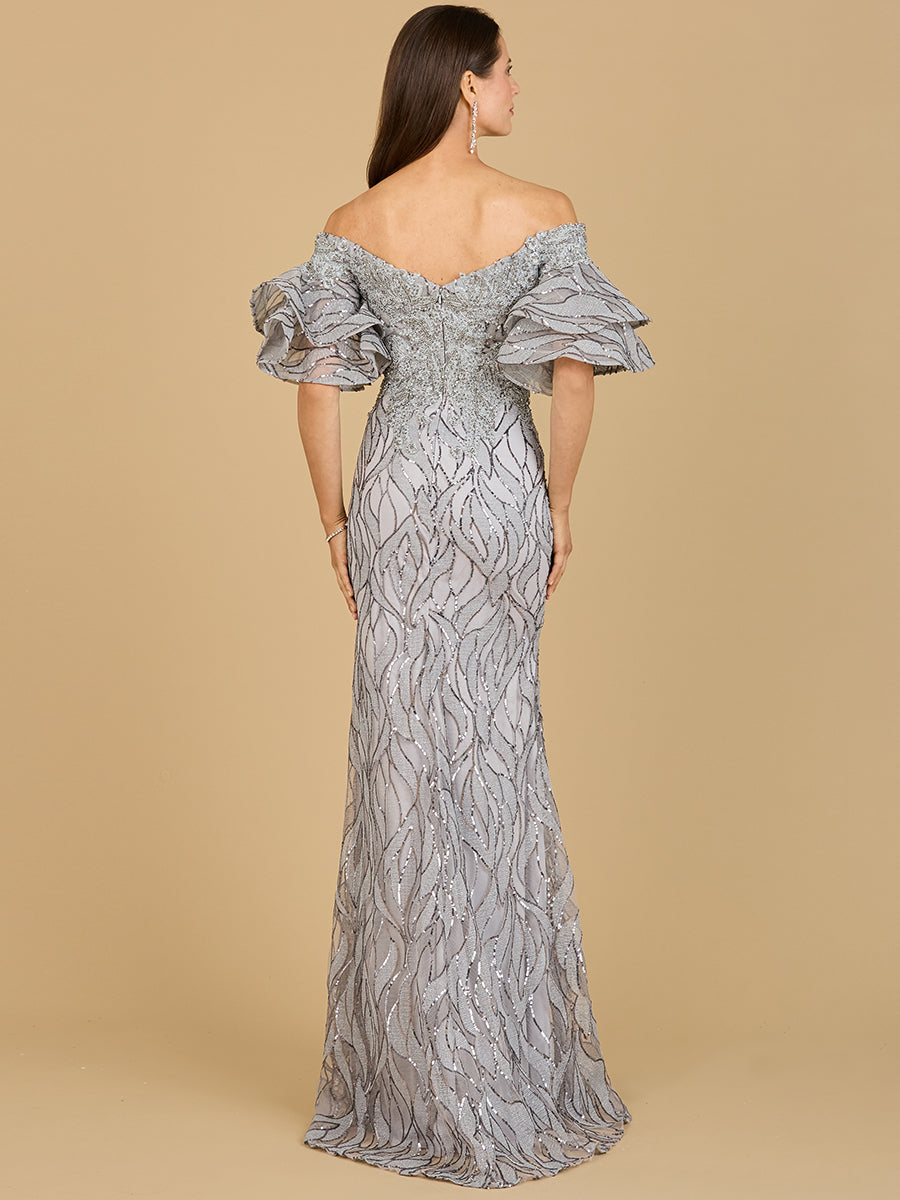 Gray off-shoulder mermaid beaded gown with tiered sleeves by Lara New York, featuring elegant fit and intricate beadwork.