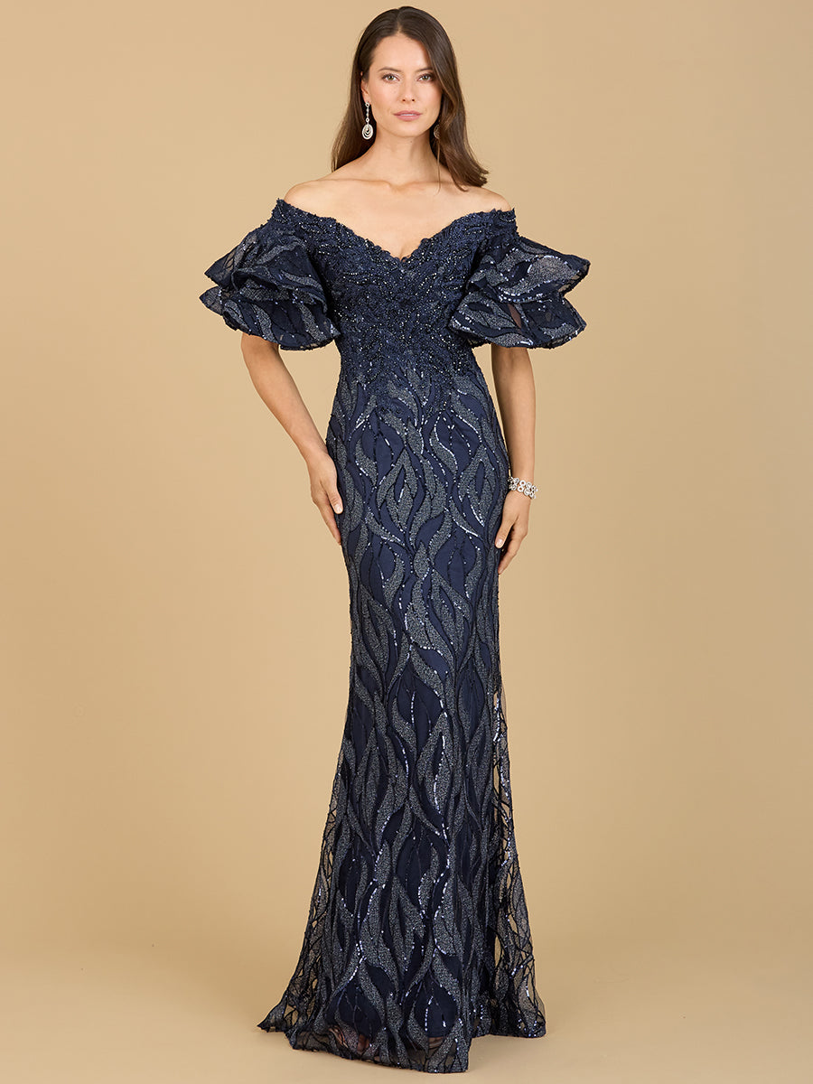 Navy off-shoulder mermaid beaded gown with tiered sleeves by Lara New York, showcasing fitted silhouette and intricate beadwork.