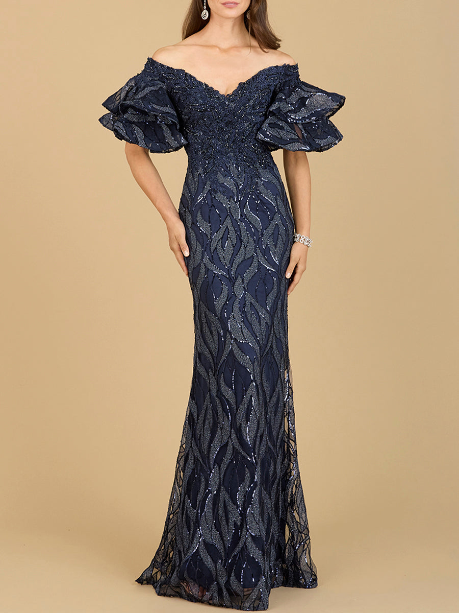 Navy off-shoulder mermaid beaded gown with tiered sleeves by Lara New York, featuring intricate beadwork and a fitted silhouette.