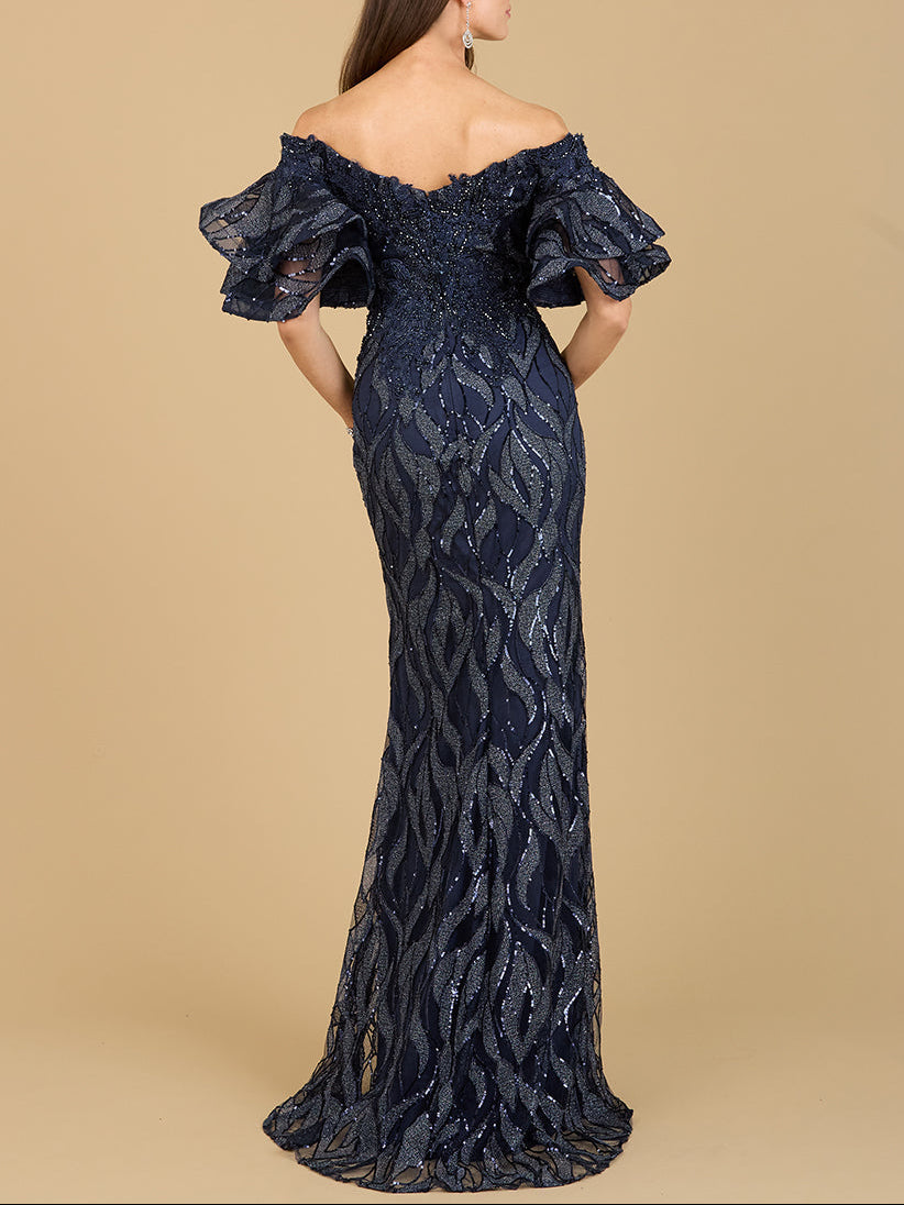 Navy off-shoulder mermaid beaded gown with tiered sleeves by Lara New York, featuring intricate beadwork and elegant fit.