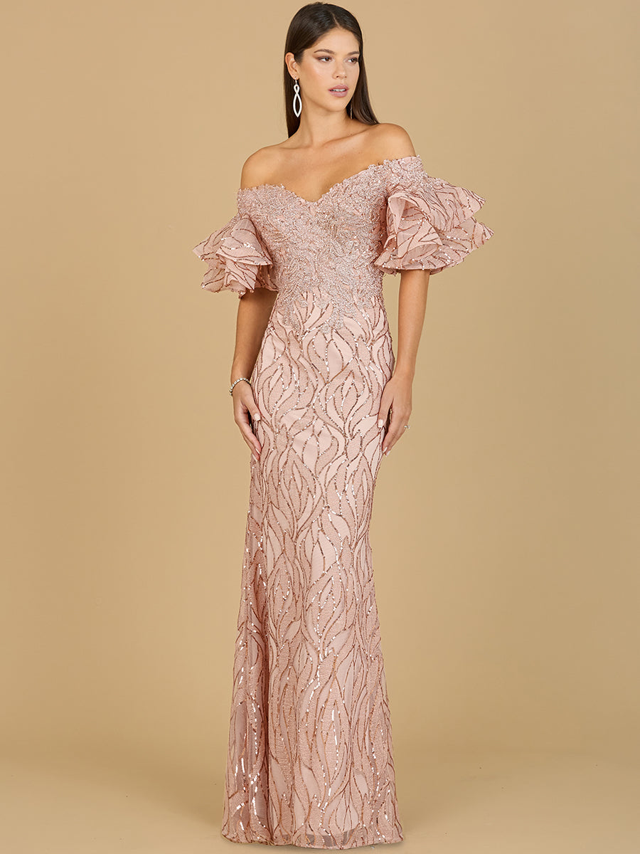 Lara New York off-shoulder mermaid beaded gown with tiered sleeves in rose gold, showcasing intricate beadwork and elegant design.