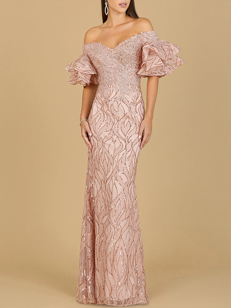 Lara New York off-shoulder mermaid beaded gown with tiered sleeves in rose gold, fitted silhouette, elegant evening dress