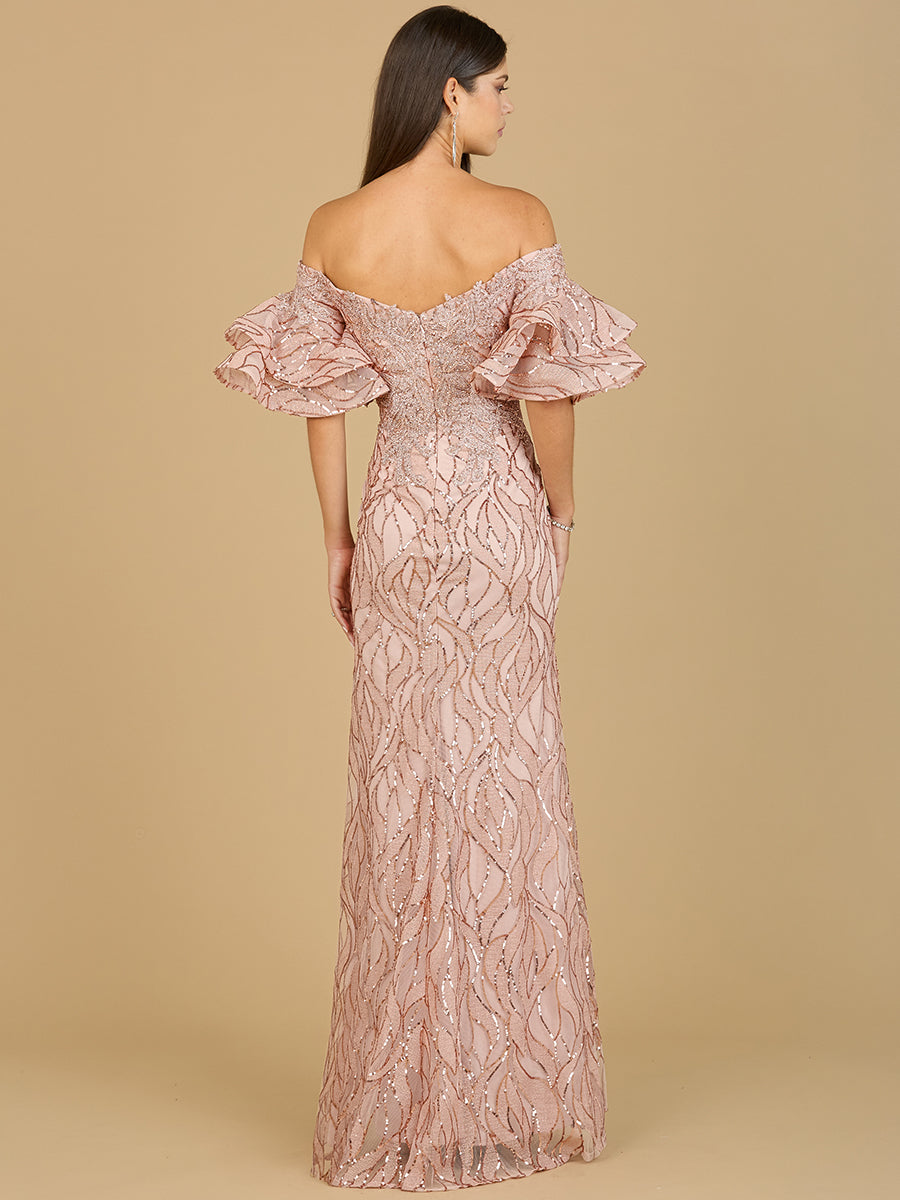 Lara New York off-shoulder mermaid beaded gown with tiered sleeves, elegant rose gold dress for formal occasions.