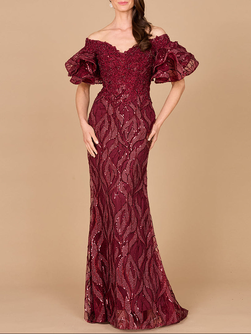 Lara New York off-shoulder mermaid beaded gown with tiered sleeves in wine, featuring a fitted silhouette and intricate beadwork.