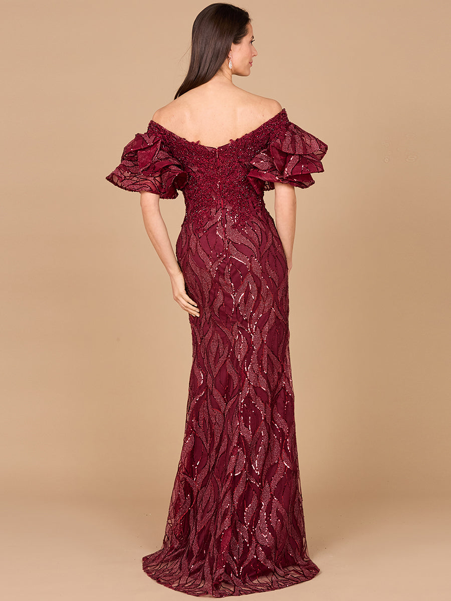 Lara New York off-shoulder mermaid beaded gown with tiered sleeves in wine color, fitted silhouette and elegant design.