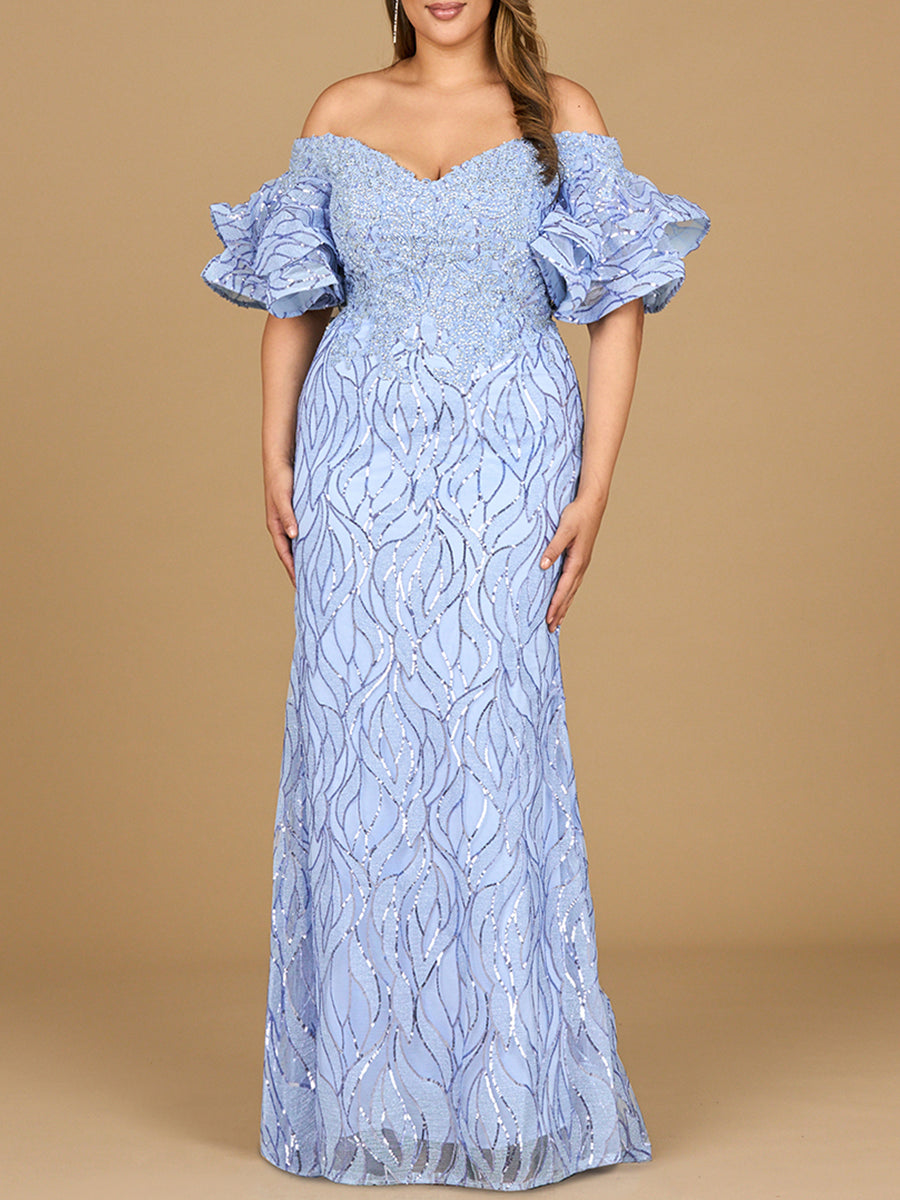 Lara New York off-shoulder mermaid beaded gown with tiered sleeves in periwinkle, showcasing intricate beadwork and elegant design.