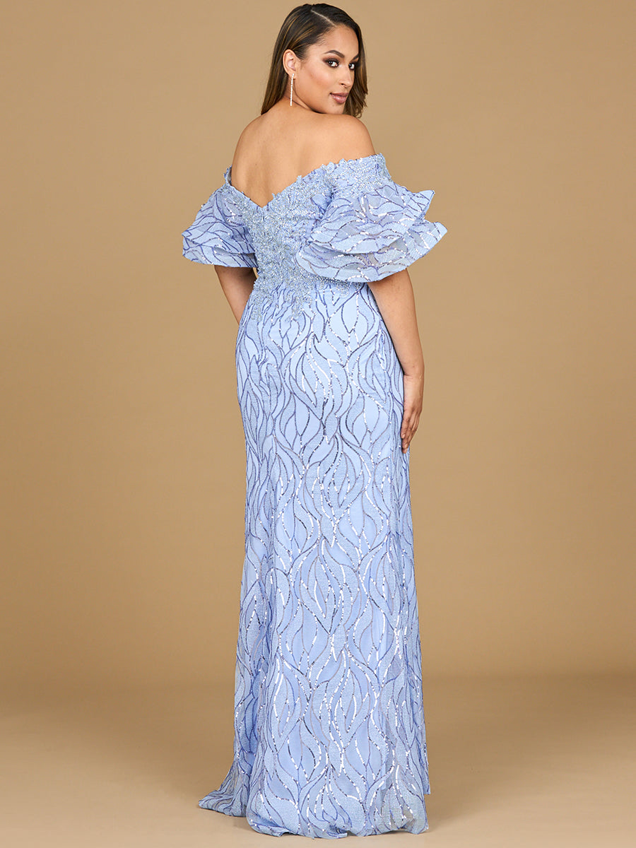 Lara New York off-shoulder mermaid beaded gown with tiered sleeves in periwinkle, elegant evening dress with intricate beadwork.