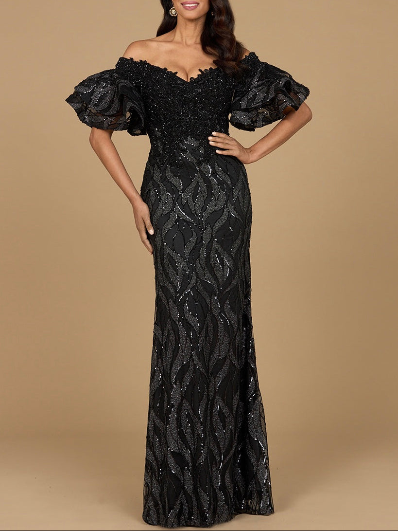 Black Lara New York off-shoulder mermaid beaded gown with tiered sleeves, showcasing elegant, form-fitting evening dress design.
