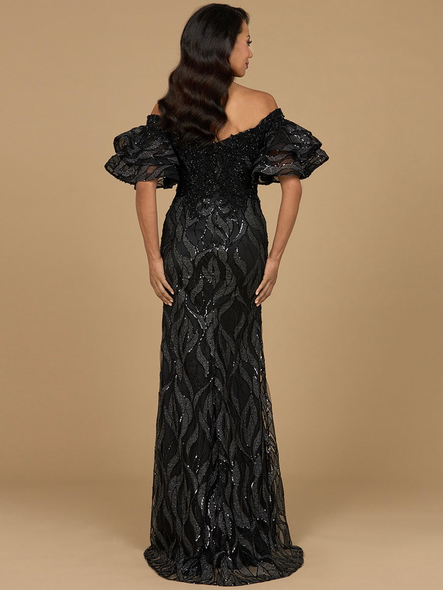 Black off-shoulder mermaid beaded gown with tiered sleeves by Lara New York, showcasing intricate beadwork and elegant design.
