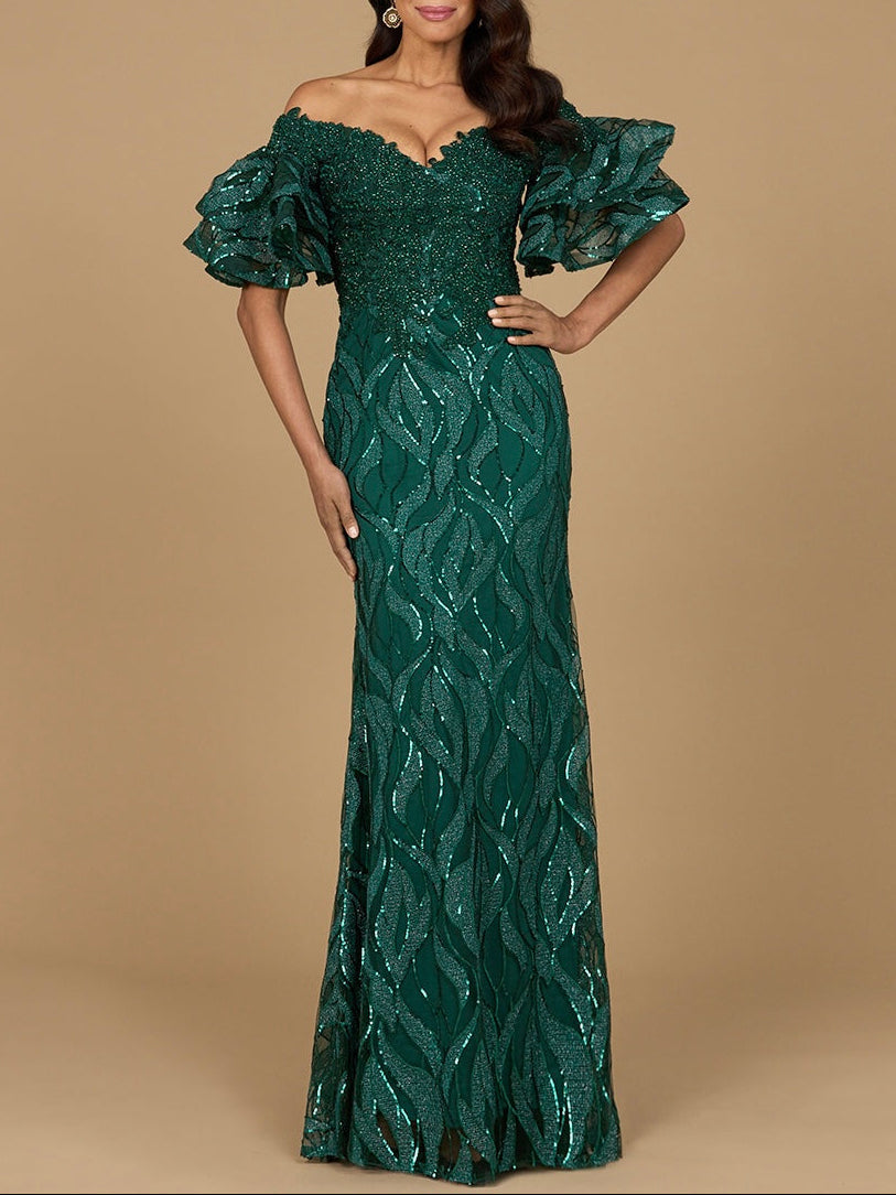 Green off-shoulder mermaid beaded gown with tiered sleeves by Lara New York, featuring intricate beadwork and elegant design.
