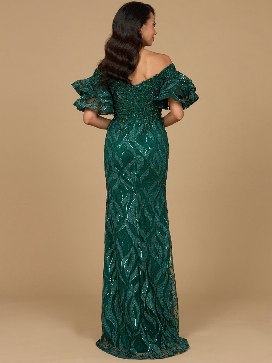 Green off-shoulder mermaid beaded gown with tiered sleeves by Lara New York, detailed beading and fitted silhouette.