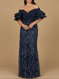 Navy off-shoulder mermaid beaded gown with tiered sleeves by Lara New York, featuring intricate beadwork and elegant fit.