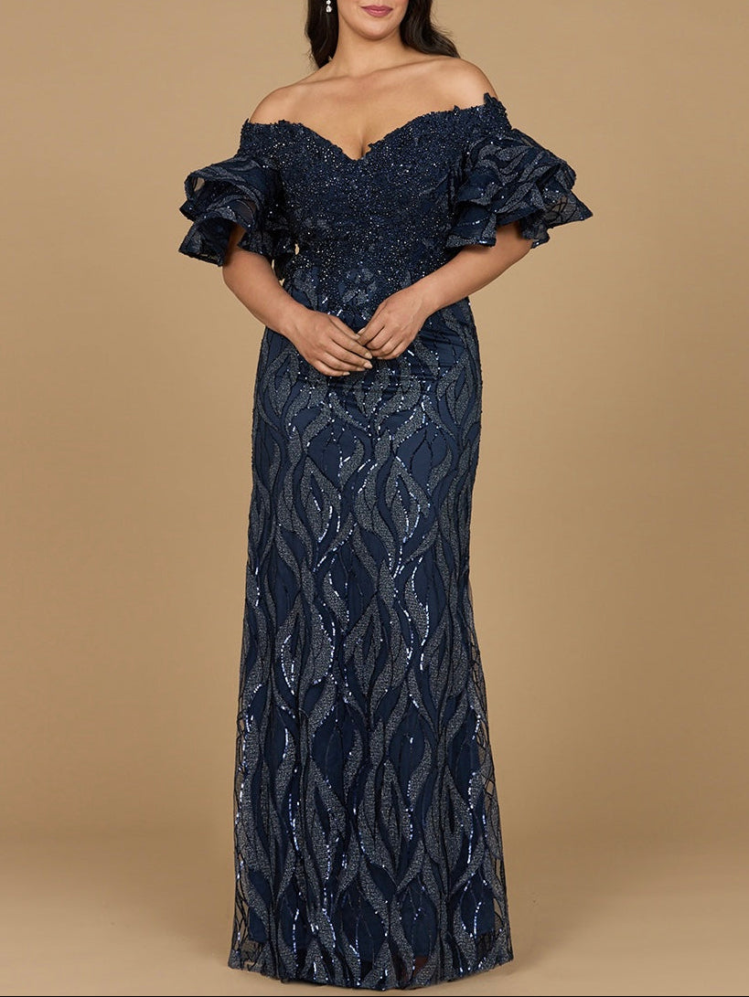 Navy off-shoulder mermaid beaded gown with tiered sleeves by Lara New York, featuring intricate beadwork and elegant fit.