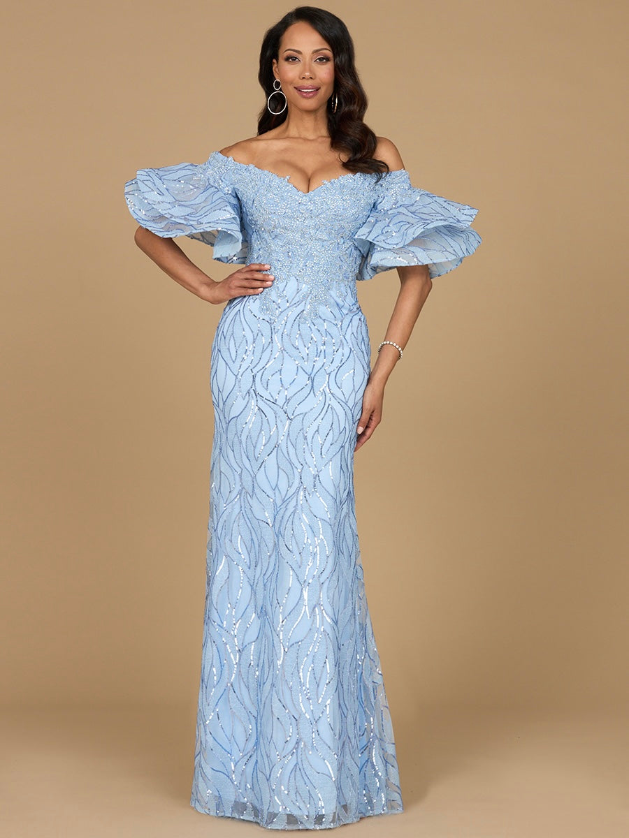 Periwinkle off-shoulder mermaid beaded gown with tiered sleeves by Lara New York, featuring a fitted silhouette and intricate beading.